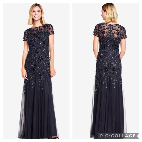 Adrianna Papell Long floral Beaded Godet short sleeves Gown - Picture 1 of 16